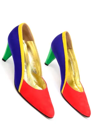 1980s Vintage Escada Colorblock Pumps Shoes W Original Box & Bag 7B
