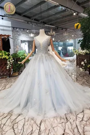 Ball Gown Deep V Neck Sleeveless Tulle Wedding Dress with Beading, Prom Dresses KPW0351