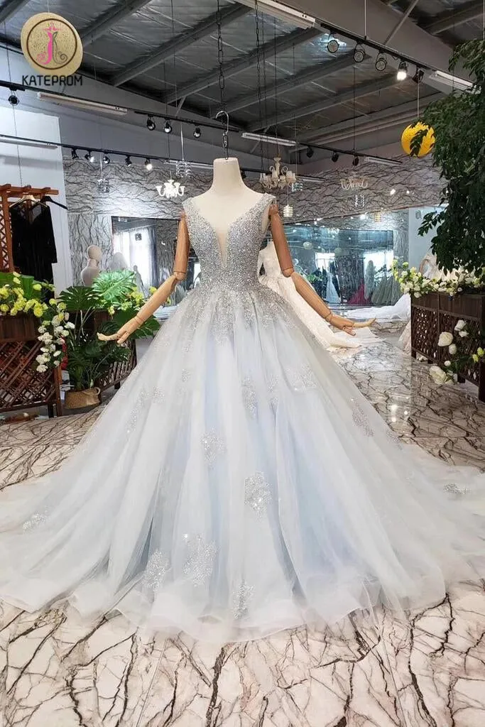 Ball Gown Deep V Neck Sleeveless Tulle Wedding Dress with Beading, Prom Dresses KPW0351