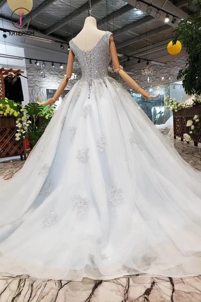 Ball Gown Deep V Neck Sleeveless Tulle Wedding Dress with Beading, Prom Dresses KPW0351