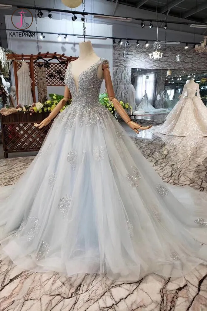 Ball Gown Deep V Neck Sleeveless Tulle Wedding Dress with Beading, Prom Dresses KPW0351