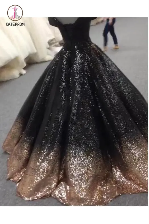 Bling Sequins Black Ball Gown Prom Dresses Off Shoulder Formal Gown Masquerade KPP0634