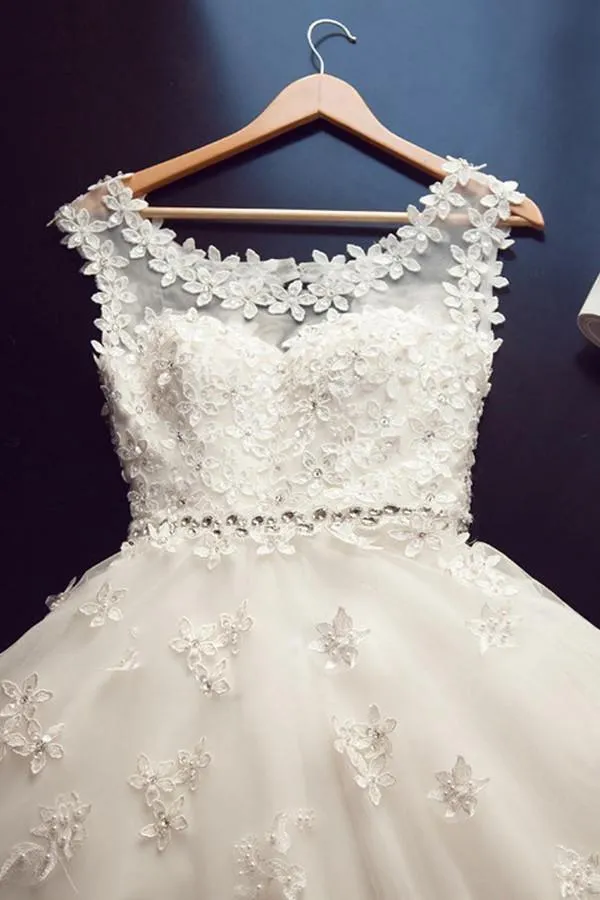 Delicate Scoop Cap Sleeves Floor-Lenth Wedding Dress With Beading  TN0081