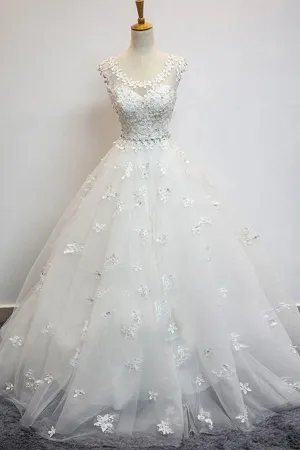 Delicate Scoop Cap Sleeves Floor-Lenth Wedding Dress With Beading  TN0081