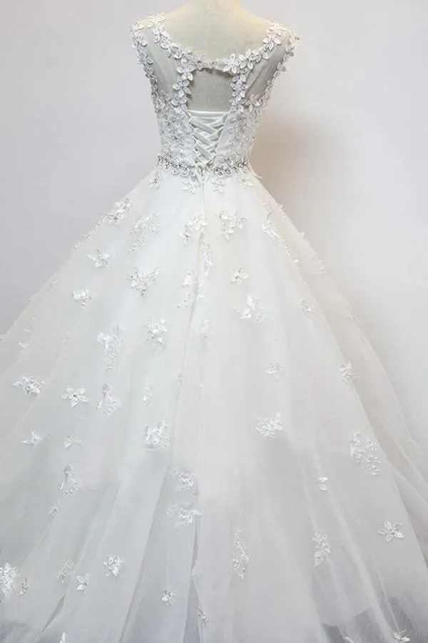 Delicate Scoop Cap Sleeves Floor-Lenth Wedding Dress With Beading  TN0081
