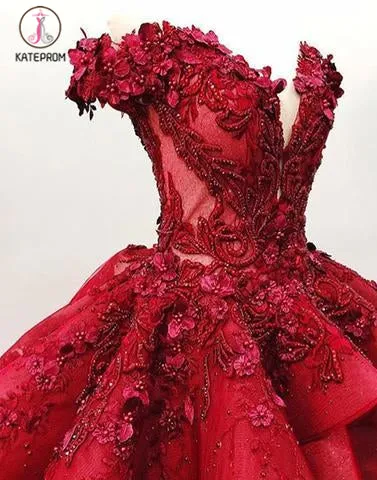 Gorgeous Ball Gown Prom Dress with Beading, Long Quinceanera Dress with Flowers KPP0562