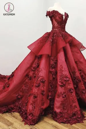 Gorgeous Ball Gown Prom Dress with Beading, Long Quinceanera Dress with Flowers KPP0562