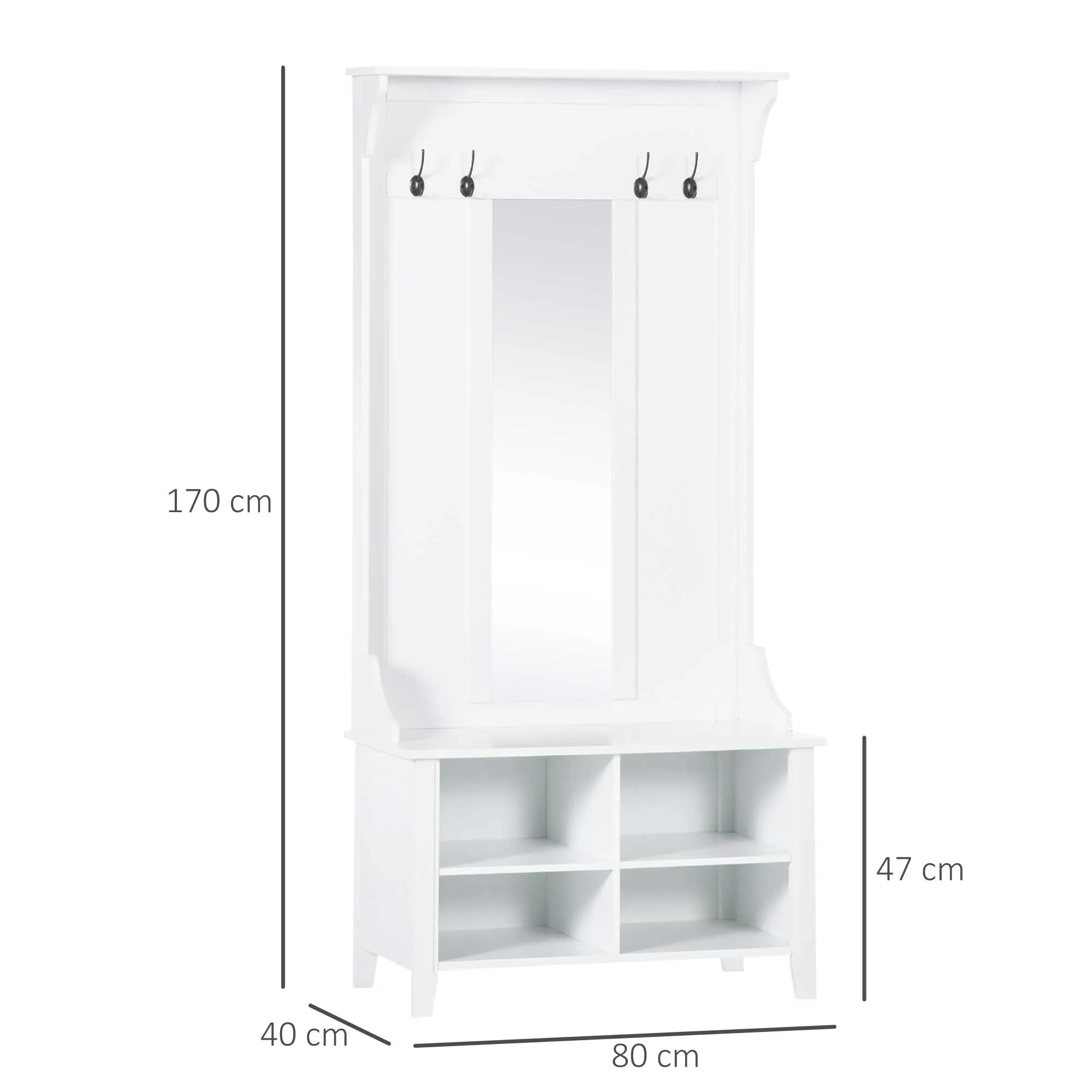 HOMCOM Hallway Furniture Set Shoe Bench Storage Mirror Cabinet Coat Rack Multiple Cubes Hangers Organiser Shelves w/ 4 Hooks