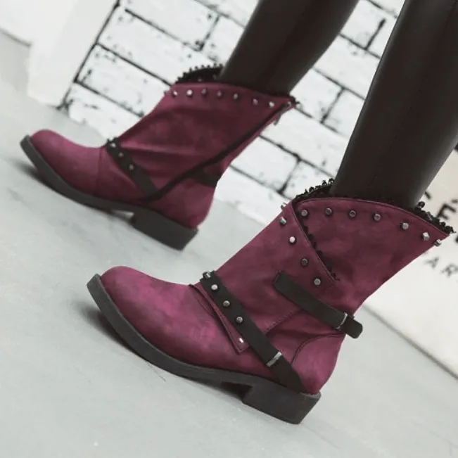 Leather Rivet Chunky Buckle Low Heel Calf Boots