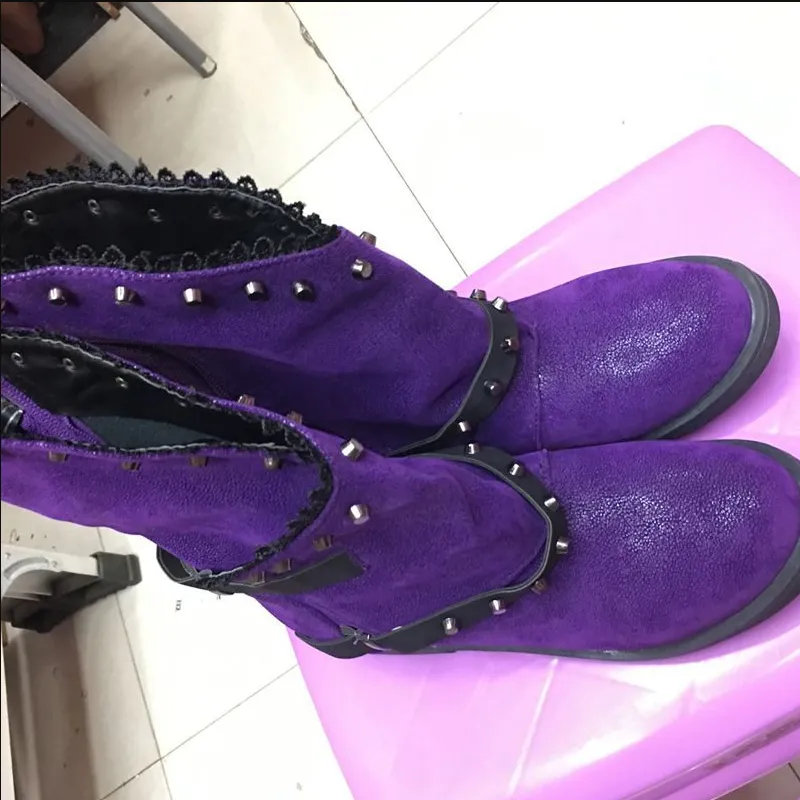 Leather Rivet Chunky Buckle Low Heel Calf Boots
