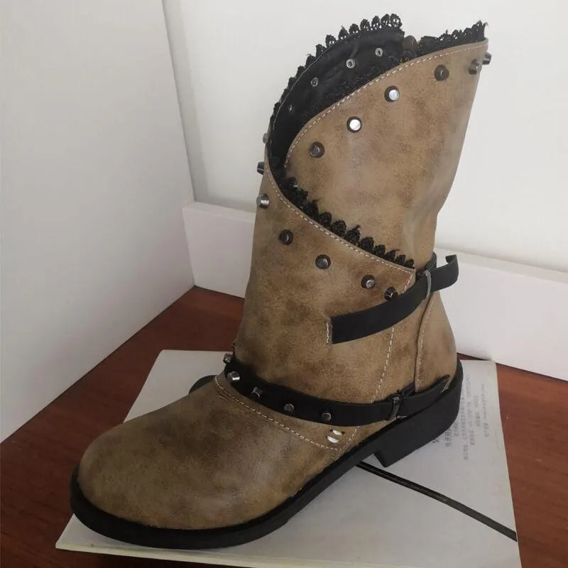 Leather Rivet Chunky Buckle Low Heel Calf Boots