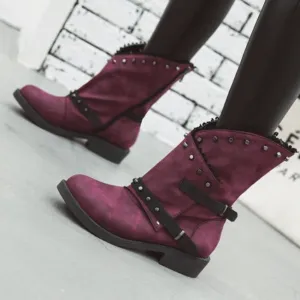 Leather Rivet Chunky Buckle Low Heel Calf Boots
