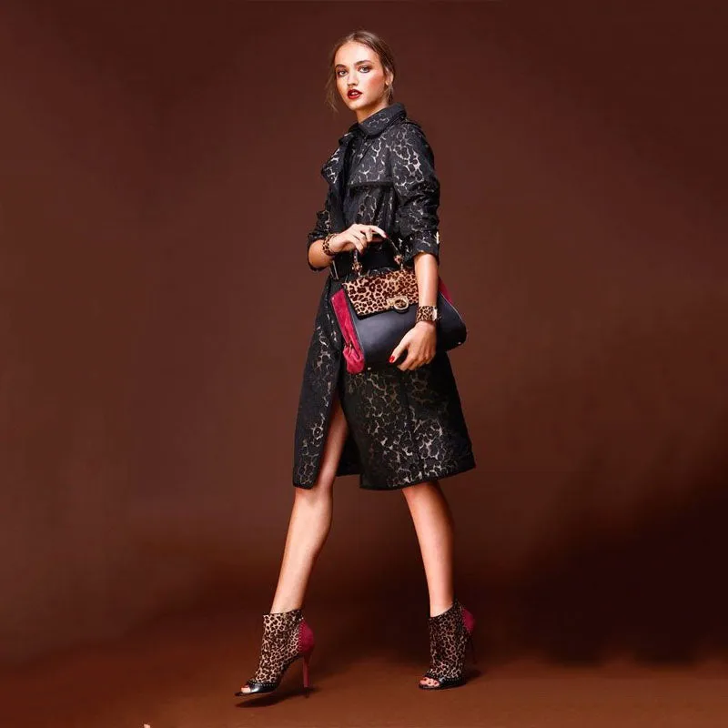 Leopard Peep Toe Suede High Heel Ankle Boots