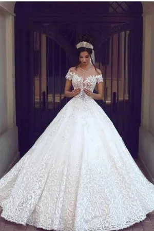 Off the Shoulder Short Sleeve Lace Ball Gown Wedding Dress PFW0115
