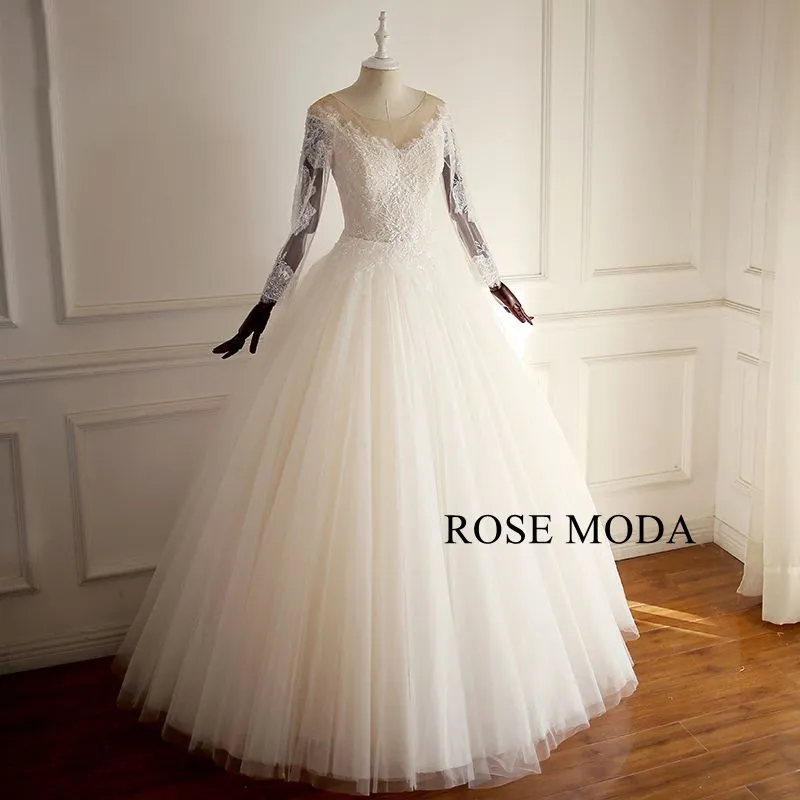 Rosemoda Long Sleeve Lace Ball Gown Wedding Dress With Cut Out Back