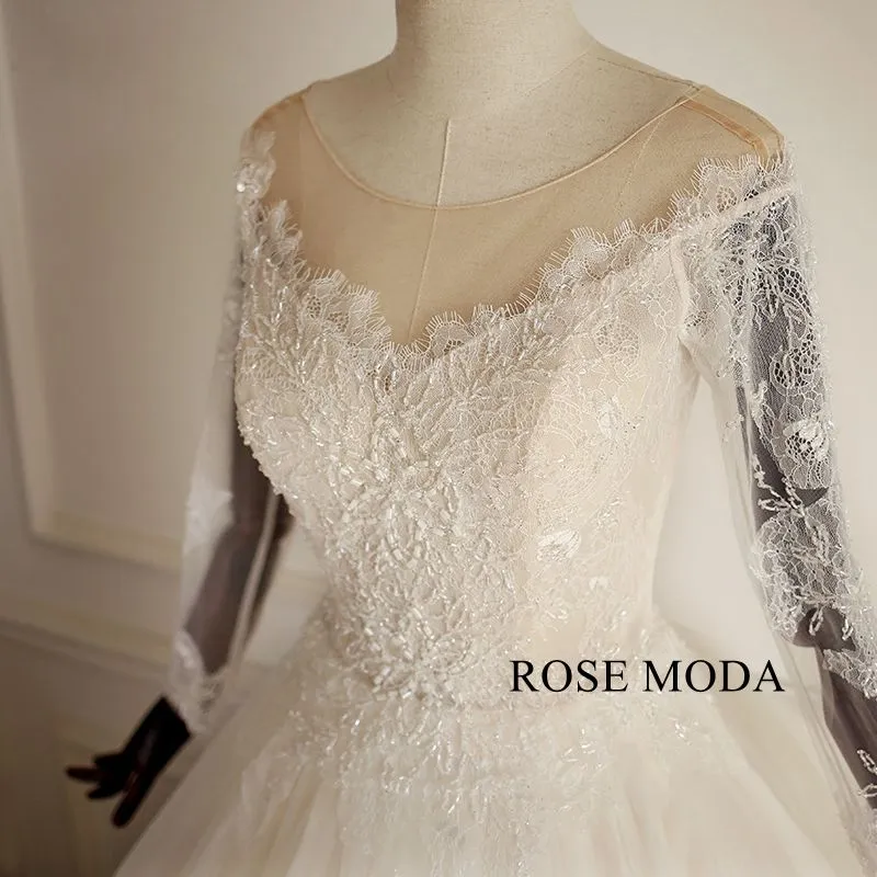 Rosemoda Long Sleeve Lace Ball Gown Wedding Dress With Cut Out Back