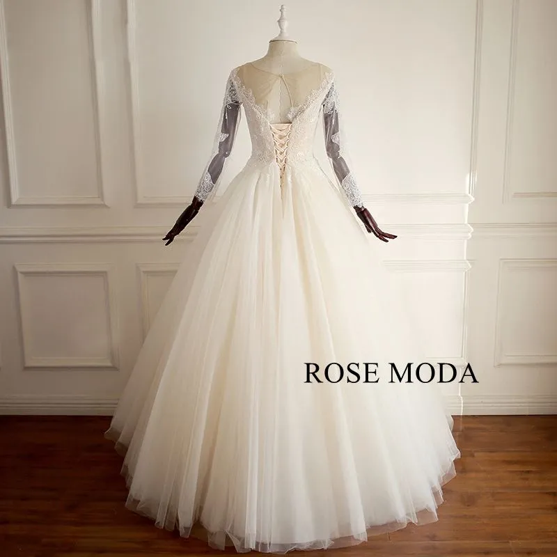 Rosemoda Long Sleeve Lace Ball Gown Wedding Dress With Cut Out Back