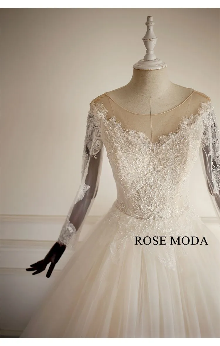 Rosemoda Long Sleeve Lace Ball Gown Wedding Dress With Cut Out Back