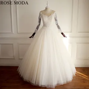 Rosemoda Long Sleeve Lace Ball Gown Wedding Dress With Cut Out Back