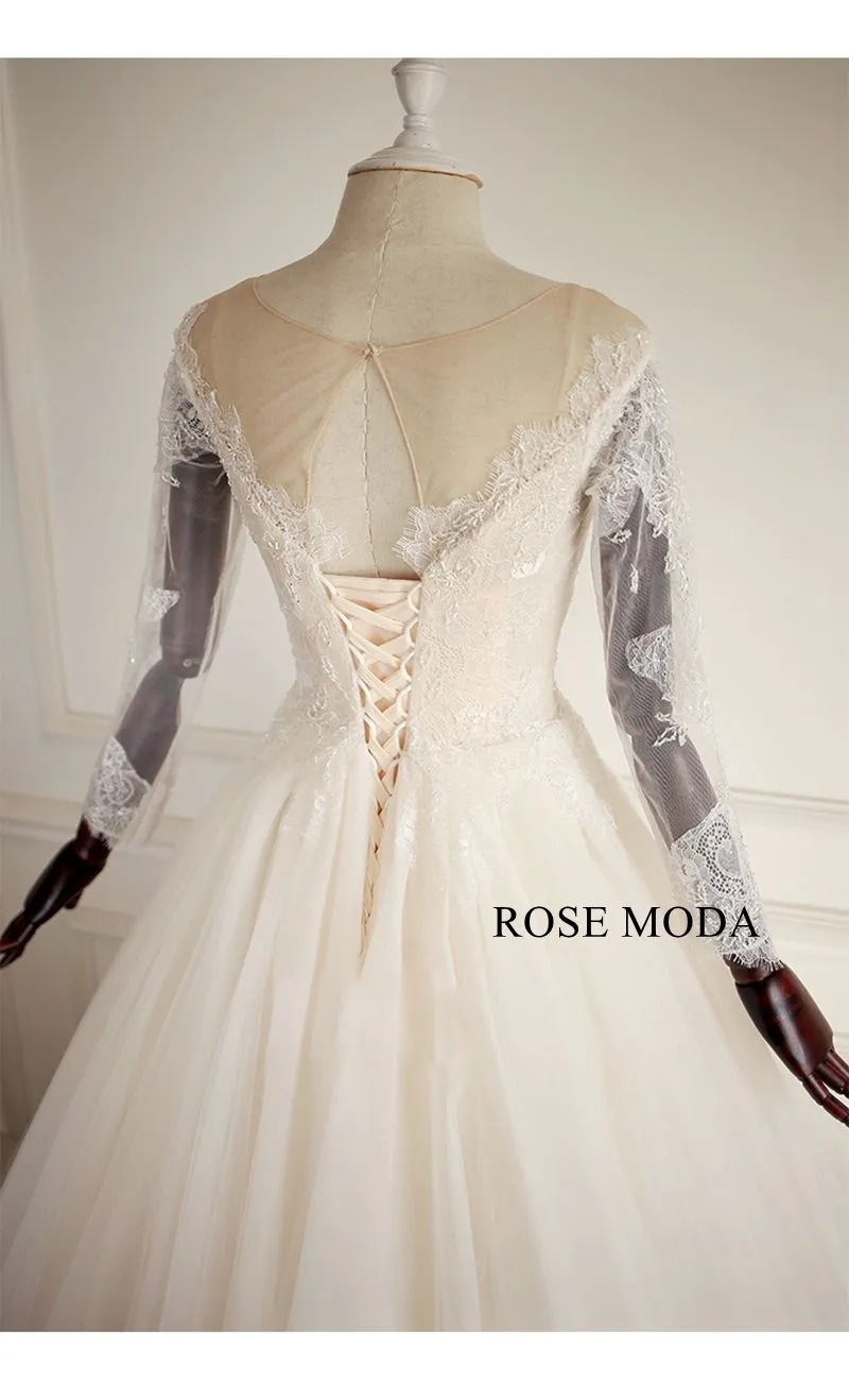 Rosemoda Long Sleeve Lace Ball Gown Wedding Dress With Cut Out Back