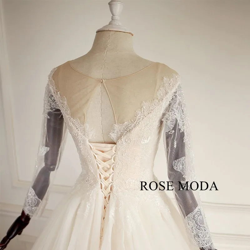 Rosemoda Long Sleeve Lace Ball Gown Wedding Dress With Cut Out Back