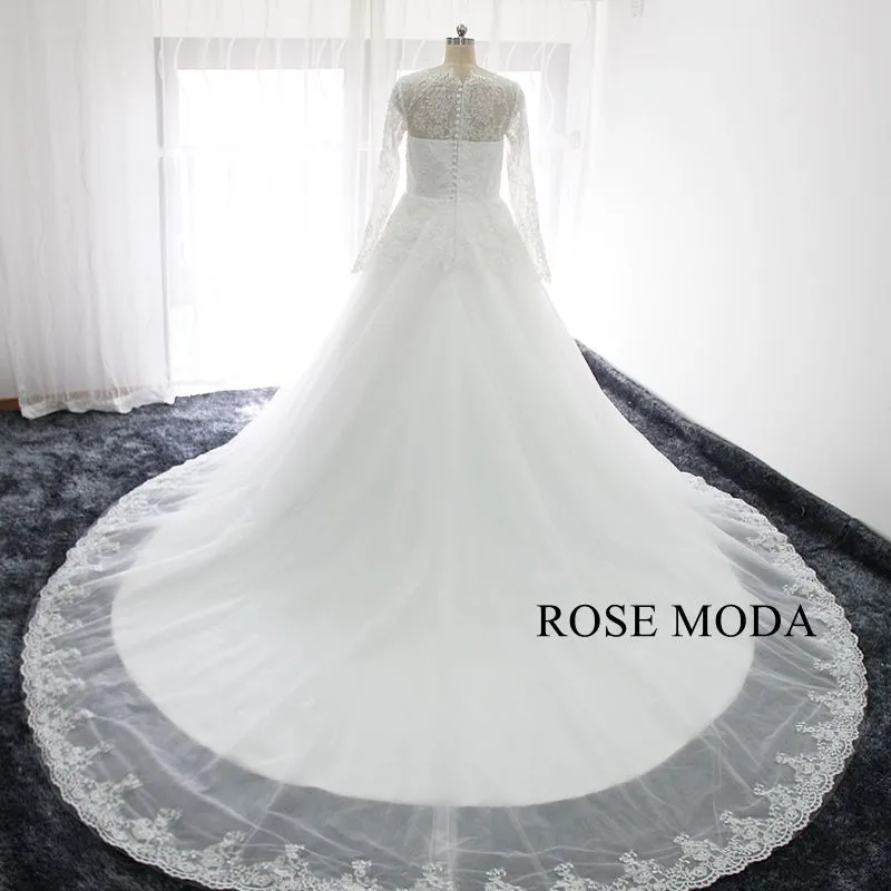 Rosemoda Long Sleeve Pearl Chantilly Lace Ball Gown Wedding Dress