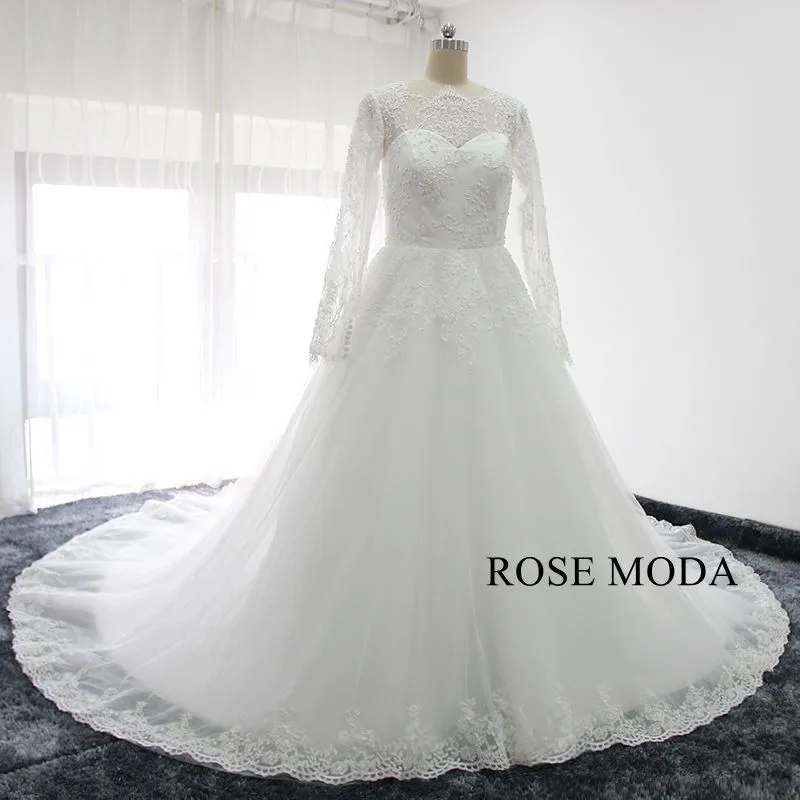 Rosemoda Long Sleeve Pearl Chantilly Lace Ball Gown Wedding Dress
