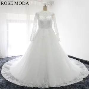 Rosemoda Long Sleeve Pearl Chantilly Lace Ball Gown Wedding Dress