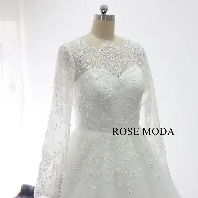 Rosemoda Long Sleeve Pearl Chantilly Lace Ball Gown Wedding Dress