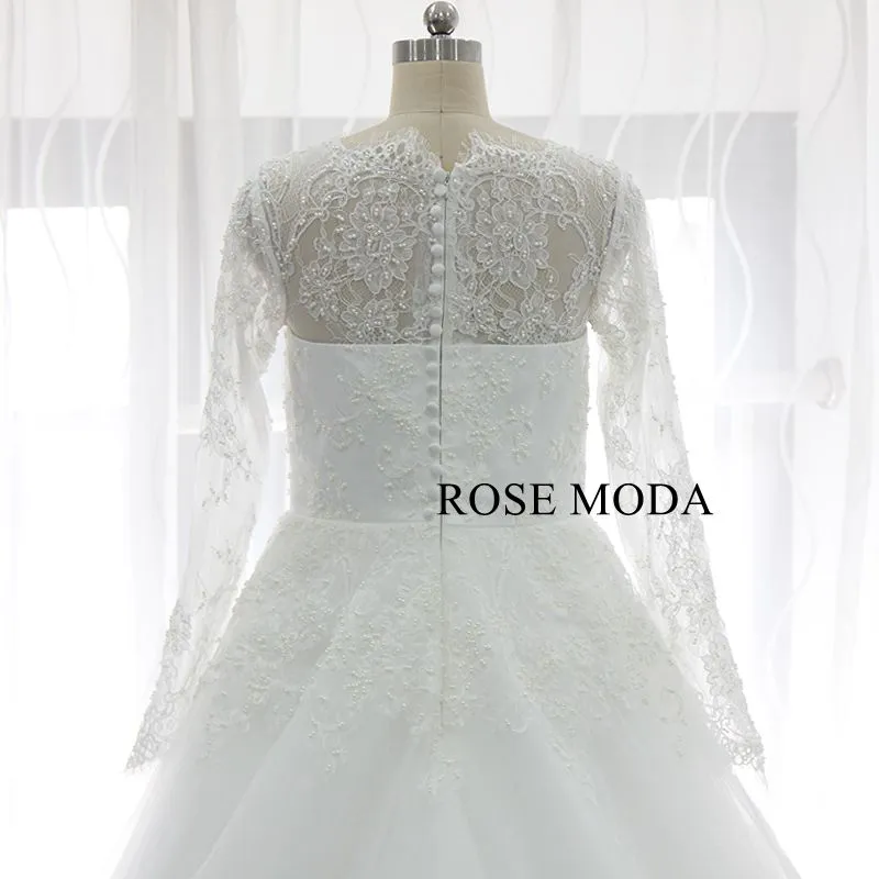 Rosemoda Long Sleeve Pearl Chantilly Lace Ball Gown Wedding Dress