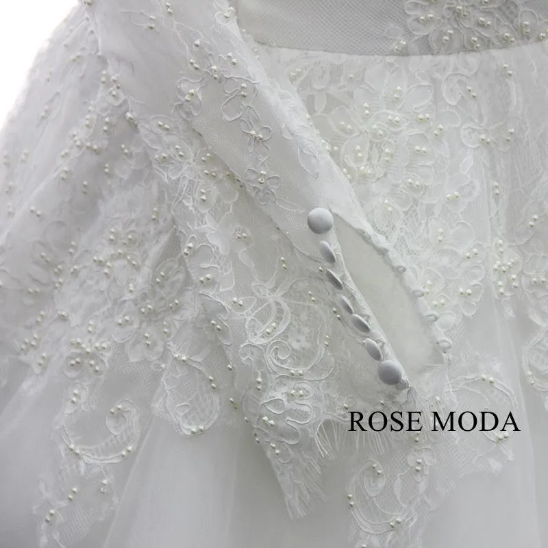 Rosemoda Long Sleeve Pearl Chantilly Lace Ball Gown Wedding Dress
