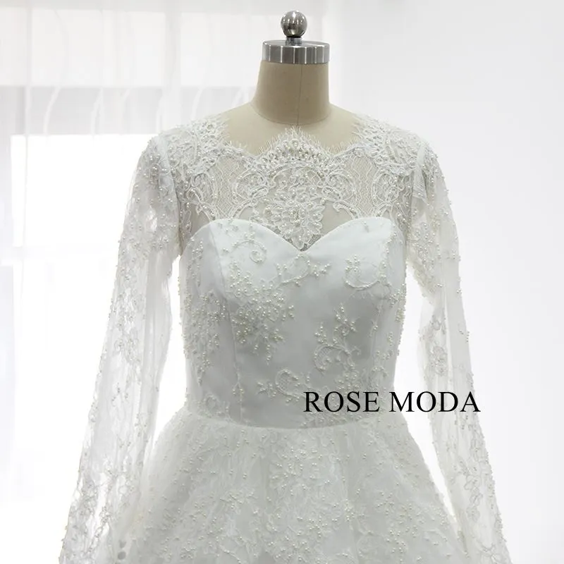 Rosemoda Long Sleeve Pearl Chantilly Lace Ball Gown Wedding Dress