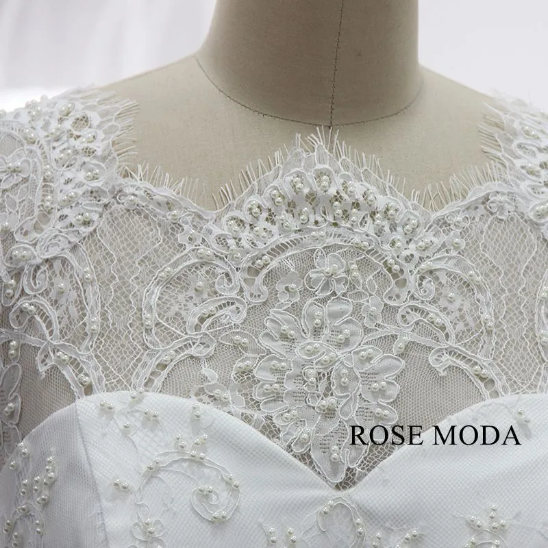 Rosemoda Long Sleeve Pearl Chantilly Lace Ball Gown Wedding Dress