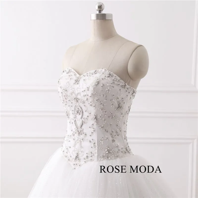 Rosemoda Luxury Bling Delicate Crystal Ball Gown Wedding Dress With Cathedral Train