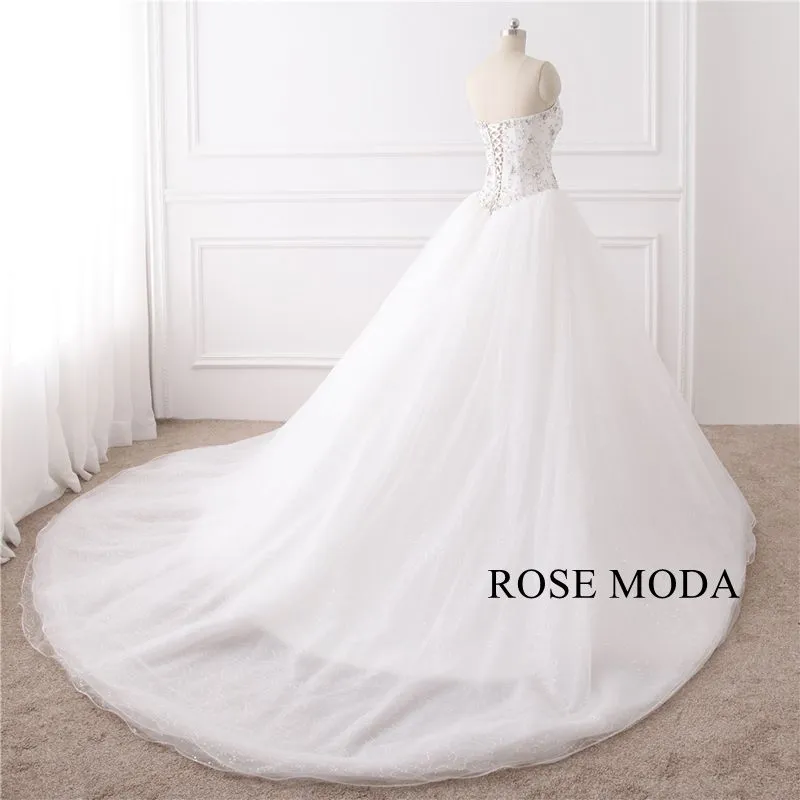 Rosemoda Luxury Bling Delicate Crystal Ball Gown Wedding Dress With Cathedral Train