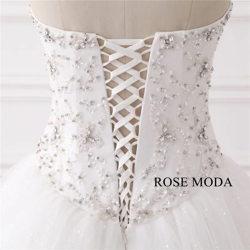 Rosemoda Luxury Bling Delicate Crystal Ball Gown Wedding Dress With Cathedral Train