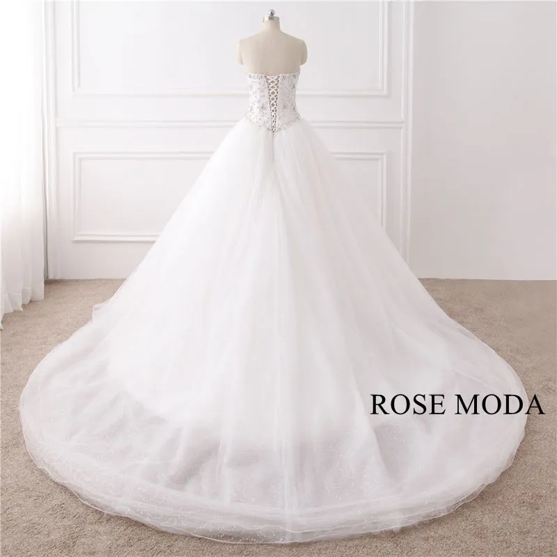 Rosemoda Luxury Bling Delicate Crystal Ball Gown Wedding Dress With Cathedral Train