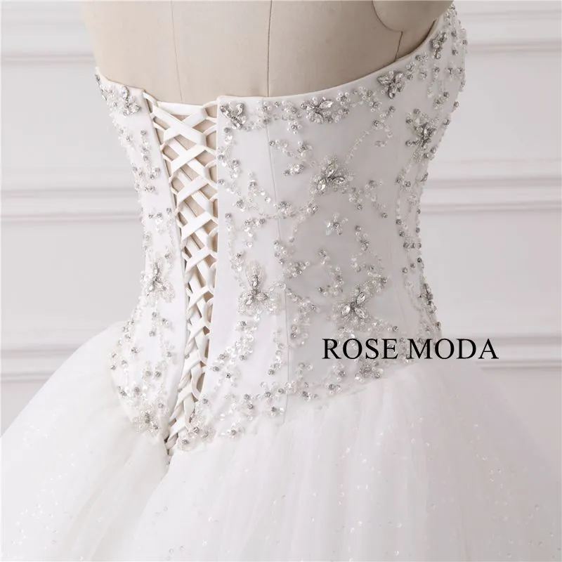 Rosemoda Luxury Bling Delicate Crystal Ball Gown Wedding Dress With Cathedral Train