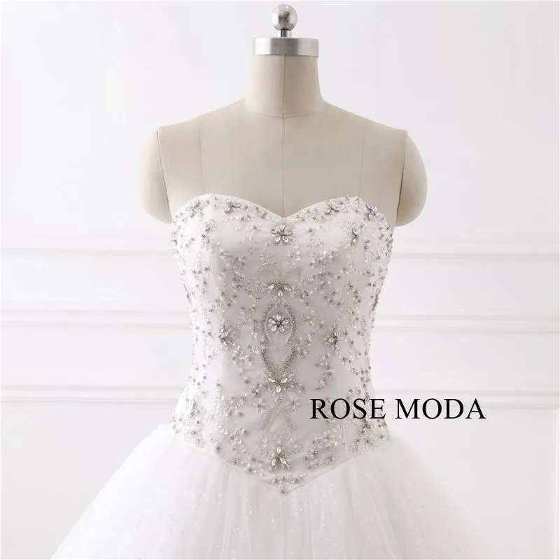 Rosemoda Luxury Bling Delicate Crystal Ball Gown Wedding Dress With Cathedral Train