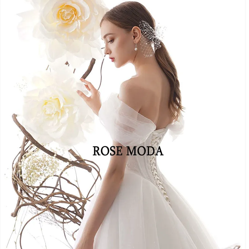 Rosemoda Off Shoulder Dropped Waist Ball Gown Wedding Dress