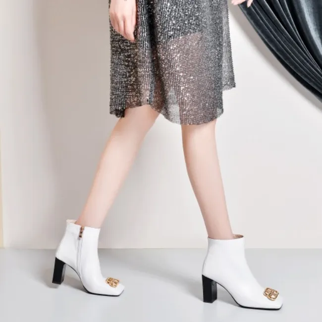 Sexy Leather Square Toe Chunky Heel Boots
