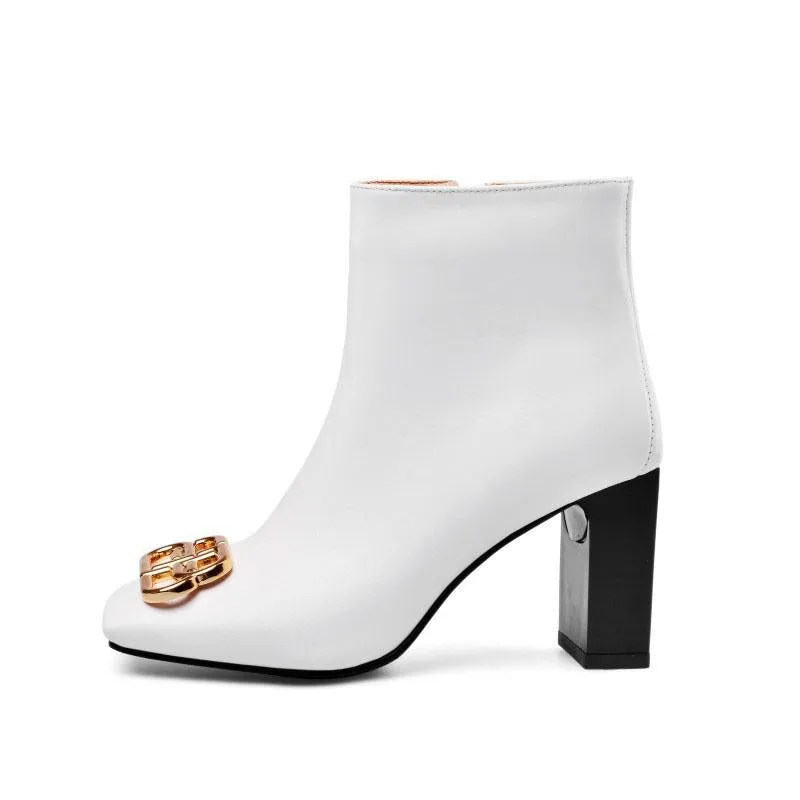 Sexy Leather Square Toe Chunky Heel Boots
