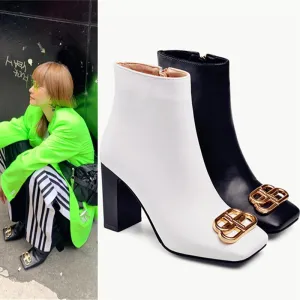 Sexy Leather Square Toe Chunky Heel Boots