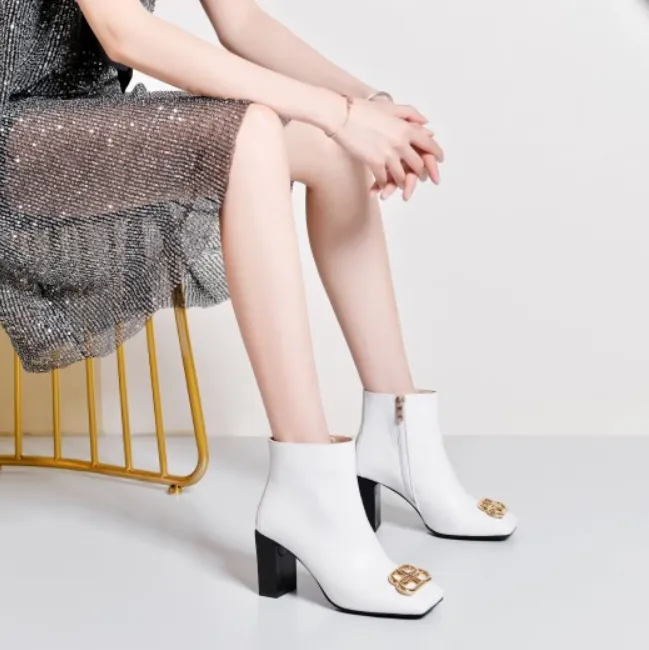 Sexy Leather Square Toe Chunky Heel Boots