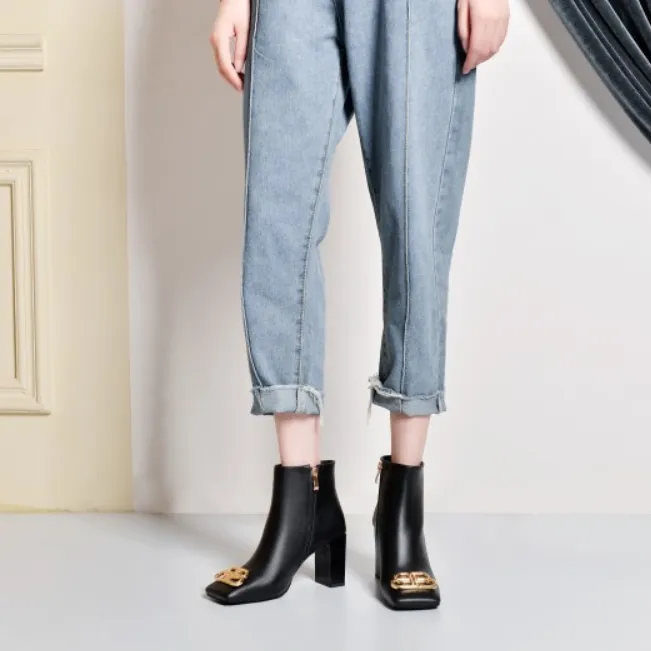 Sexy Leather Square Toe Chunky Heel Boots