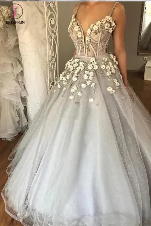 Sexy Straps Ball Gown Wedding Dress,Appliqued Deep V-neck Bridal Dress with Beads KPW0078