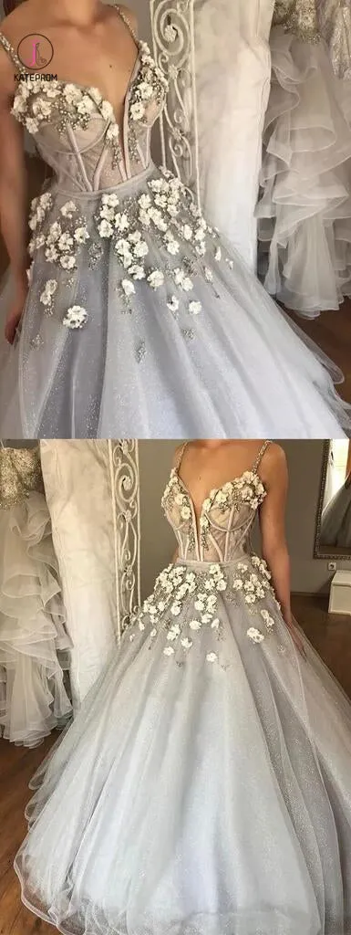 Sexy Straps Ball Gown Wedding Dress,Appliqued Deep V-neck Bridal Dress with Beads KPW0078