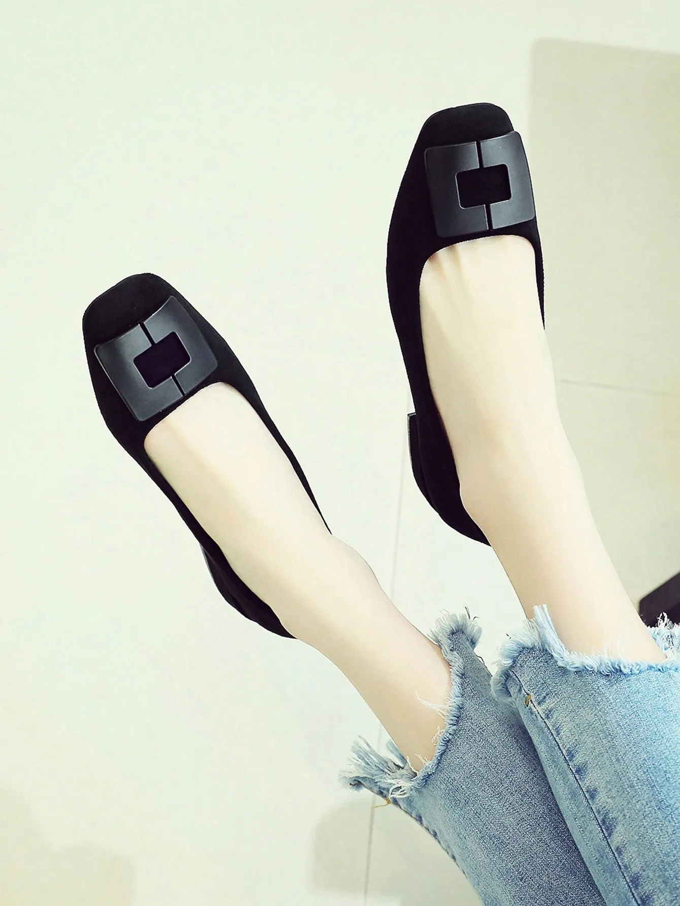 Square Toe Suedette Flats,Women's Square Toe Simple Square Buckle Flat Shoes, Solid Color Black Deep Mouth Square Toe Thick And Short Heel Mules, Four Seasons Suede Flat Shoes