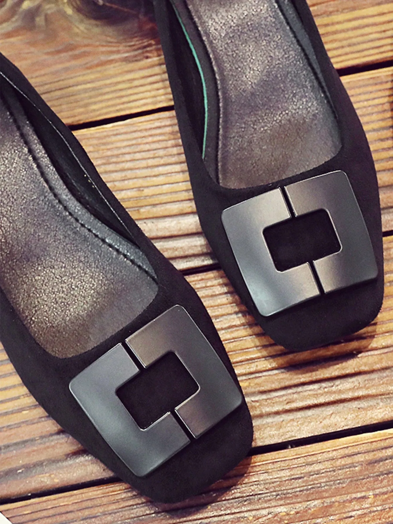 Square Toe Suedette Flats,Women's Square Toe Simple Square Buckle Flat Shoes, Solid Color Black Deep Mouth Square Toe Thick And Short Heel Mules, Four Seasons Suede Flat Shoes