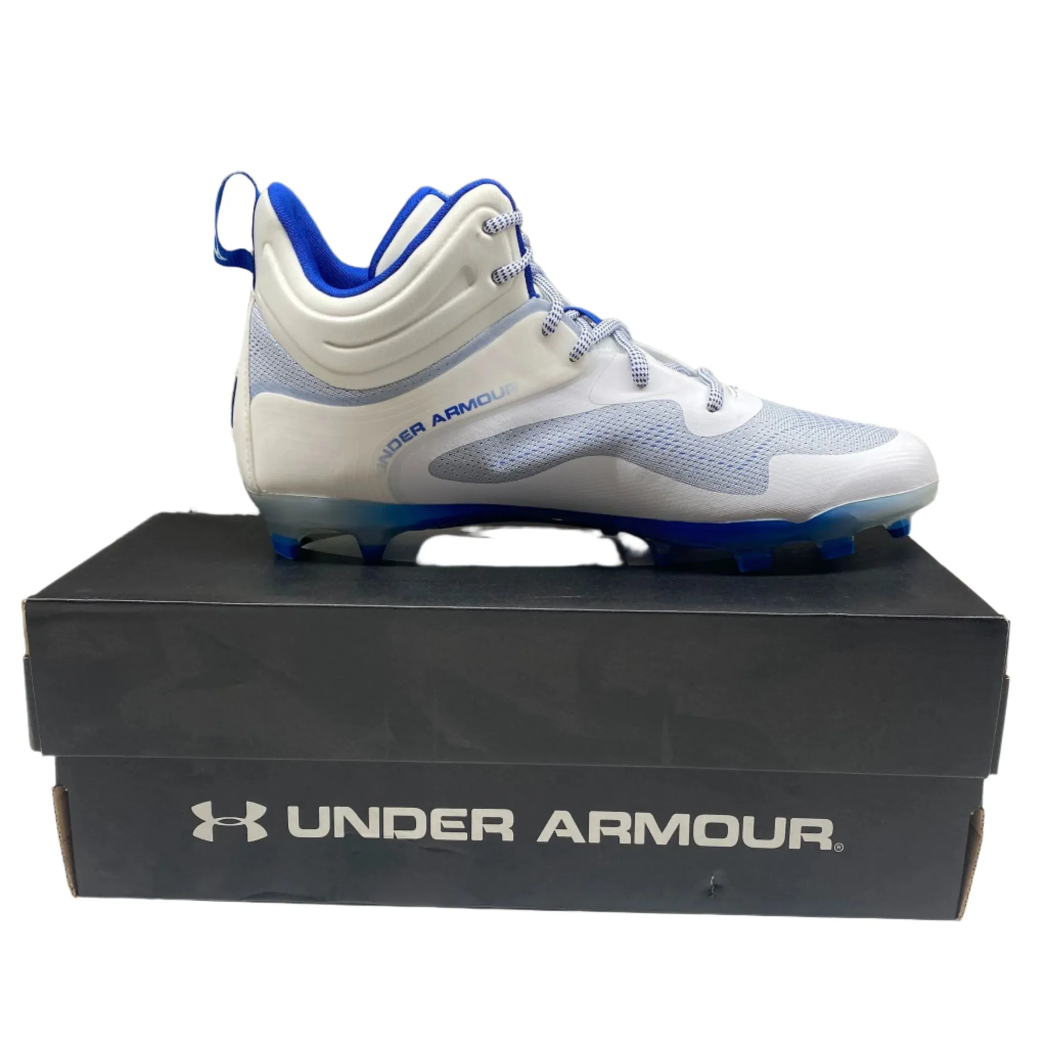 Under Armour UA Command MC Mid Football Cleats – White/Blue – Size 12.5 – New